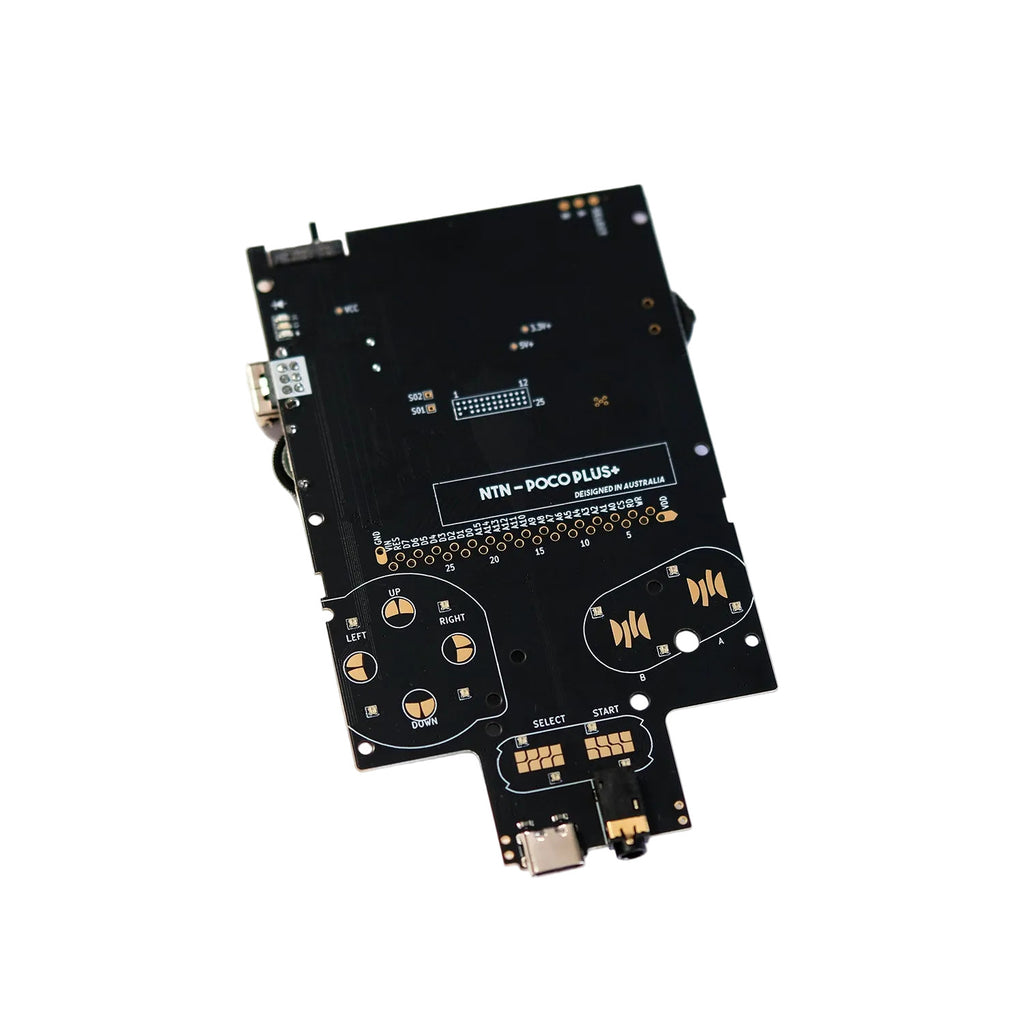 A black pocket color board similar to a Game Boy, labeled 'Poco Plus+' with various ports and buttons visible, without a screen or additional components attached.