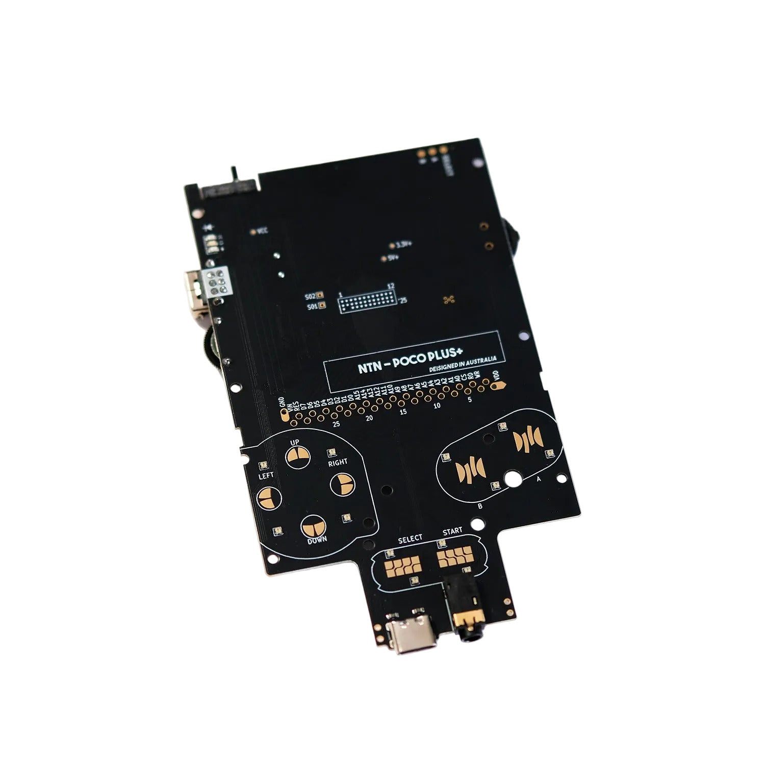 A black pocket color board similar to a Game Boy, labeled 'Poco Plus+' with various ports and buttons visible, without a screen or additional components attached.